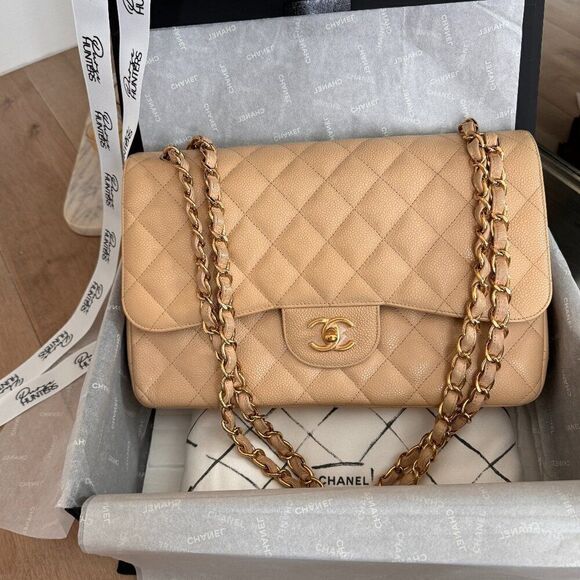 CHANEL Handbags - 100% Authentic CHANEL Jumbo Double Flap Clair Beige Caviar Lambskin GHW